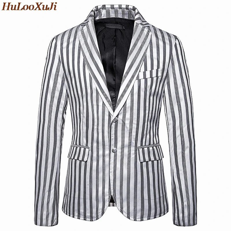 HuLooXuJi мужской полосатый Блейзер Куртки деловые свадебные костюмы Slim Fit Осень Зима ночной клуб вечерние платье пальто Размер США: S-2XL