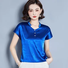 Korean Silk Women Blouse Shirt Women Silk V Neck Blouse Tops Woman Solid Satin Blouses Top Plus Size Blusas Femininas Elegante