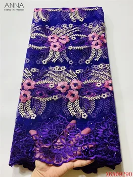 

Anna latest purple african net lace nigerian tulle fabric embroidery with beads and stones 5 yards/pcs french mesh laces fabrics