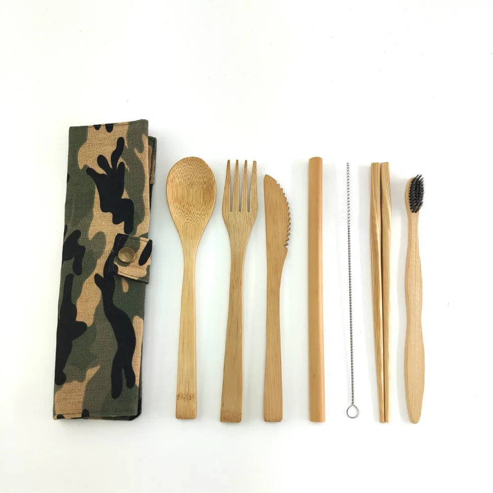 Бамбуковый набор столовых приборов для путешествий, Бамбуковая вилка, нож, ложка, палочки для еды, соломенная переносная сумка с карабином, деревянный набор посуды - Цвет: 1254-D-1
