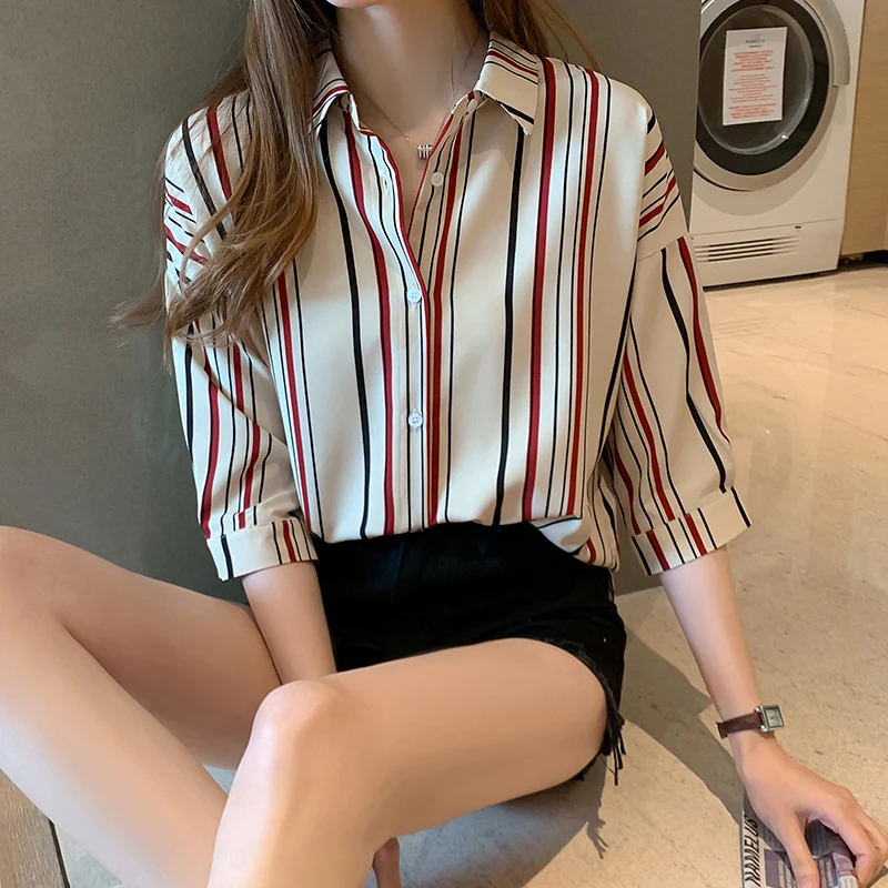 

Chiffon Blouse New Women Tops Half Sleeve Turn-down collar Work Wear Shirts Elegant Lady Casual Striped Women's Blouse Plus size