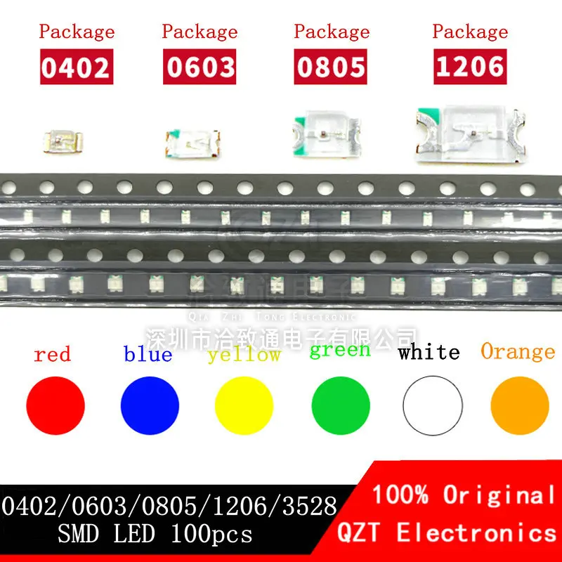 

100pcs 0402 0603 0805 1206 smd led Red Yellow Green White Blue Orange light emitting diode Water Clear LED Light Diode Set