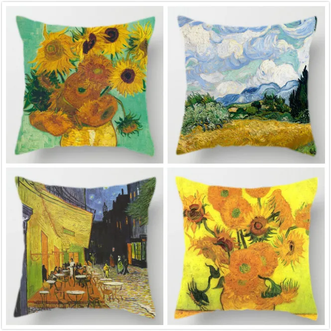 

4pcs Van Gogh Oil Painting Cushion Cover Sunflower Self-portrait Starry Sky Print Pillowcase Sofa Home Decorative Pillow Covers