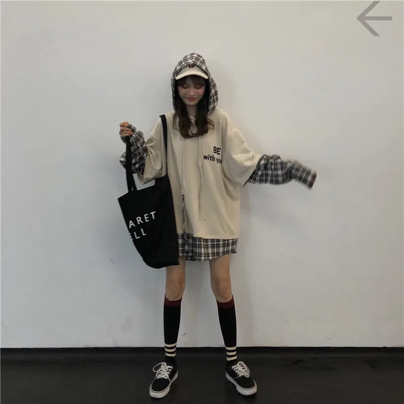 Женские толстовки осень, корейский стиль колледжа, панк, имитация двух частей, с буквенным принтом, повседневная, негабаритная Толстовка harajuku, уличная