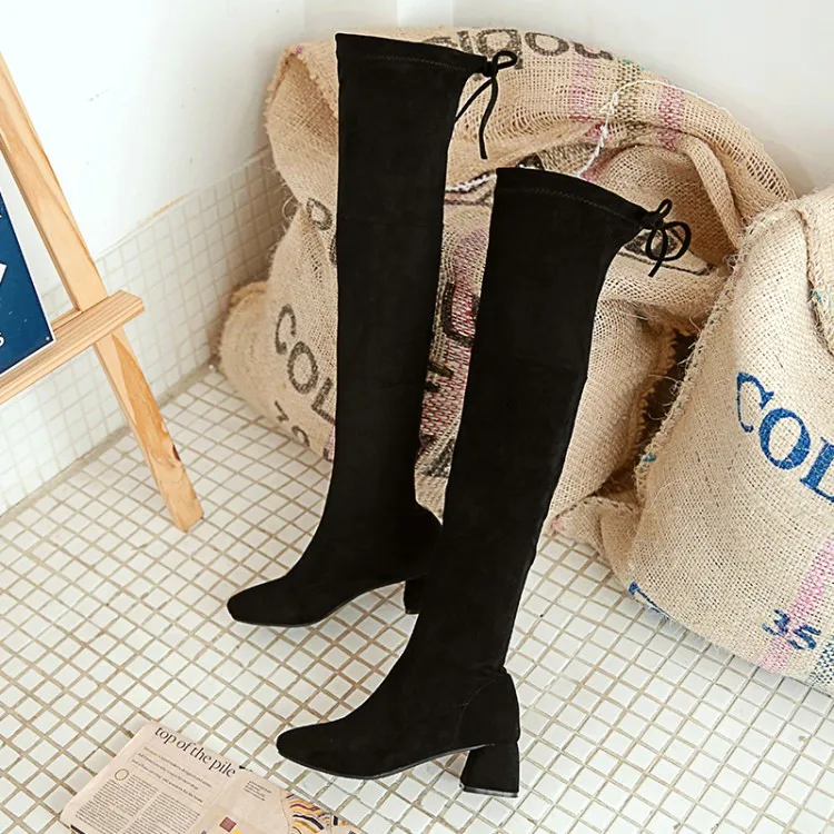 Женские сапоги выше колена из эластичной ткани модная осенне-зимняя обувь с квадратным носком Элегантные Универсальные женские сапоги размеры 31-52