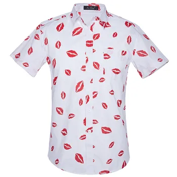 

Kiss Lip Print Men Shirt Chemise Homme Fashion Printed Dress Shirts Hawaiian Pattern Blouse Casual Short Sleeve Slim Shirts Tops