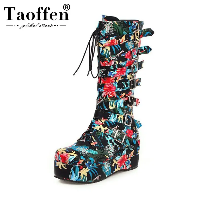 Taoffen/ г. Женские модные ботинки до середины икры на толстой подошве, большие размеры 33-46 рыцарские сапоги на платформе с цветочным узором повседневная женская обувь