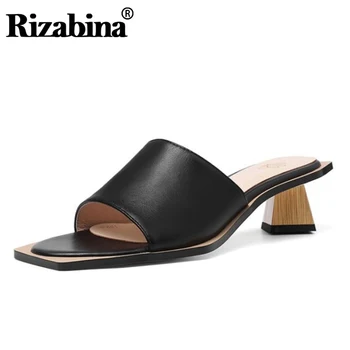 

RIZABINA Novelty Women Sandals Genuine Leather Thick Heels Slippers High Quality Leisure Lightweight Sandals Women Size 32-42