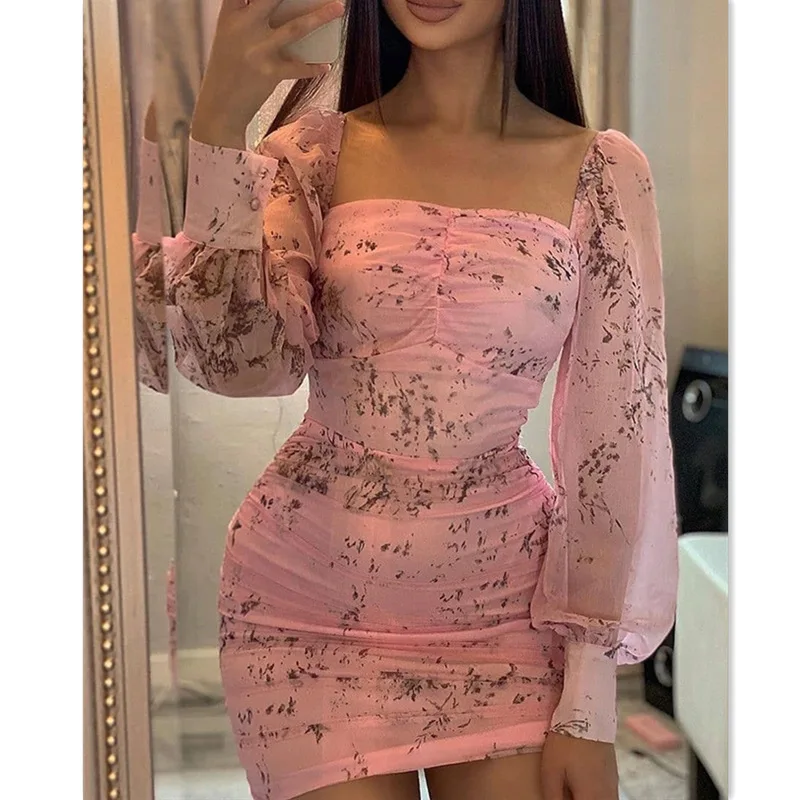 

New Women Temperament Sexy 2021 Spring Autumn Pink Small Floral Dress Ladies French Palace Slim Dress Skinny Folds Elegant Style