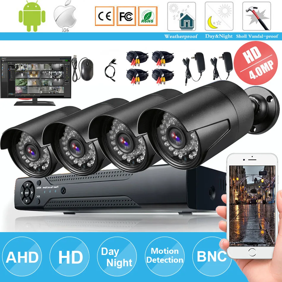 4CH 4MP AHD DVR комплект камер видеонаблюдения Системы 4 шт. 4.0mp безопасности камера IP66