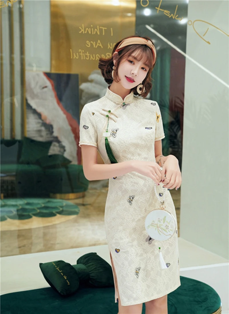Современный Cheongsam короткое XL тонкое сексуальное кружевное платье китайское
