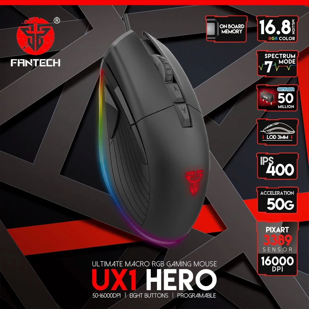  FANTECH UX1 Profession Gaming Mouse 16000 DPI Adjustable 8 Button Macro RGB Wired Mouse USB For LOL