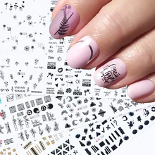 36 шт набор черных наклеек для ногтей, Смешанные Буквы, геометрические листья, цветы, дизайн ногтей, Переводные слайдеры, Водные Наклейки для маникюра SA974