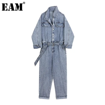 

[EAM] Loose Fit Women Blue Long Big Size Denim Jumpsuit New High Waist Pocket Stitch Pants Fashion Spring Autumn 2020 1DA817