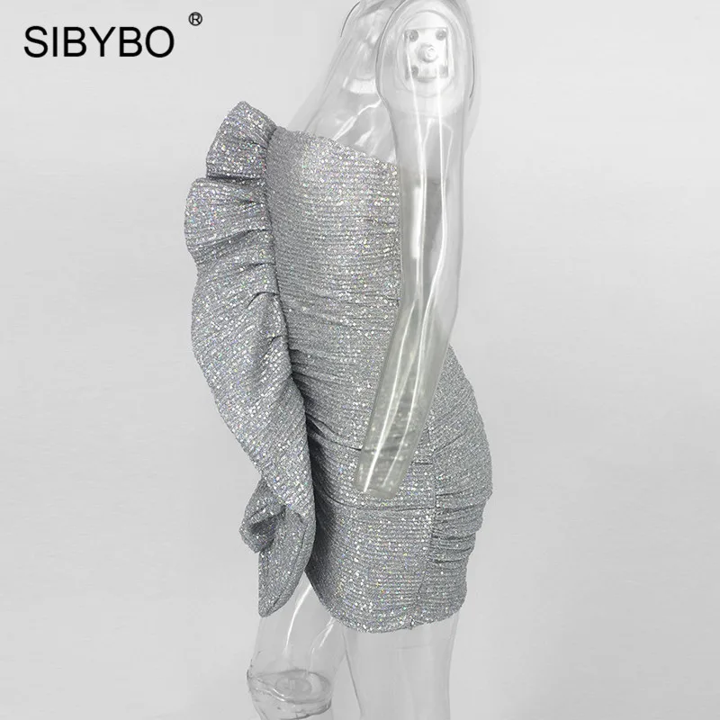 SIBYBO оборками и блестками без бретелек пикантные вечерние платье с открытыми плечами без рукавов Летнее женское платье с низким вырезом на спине мини пляжные повседневные платья