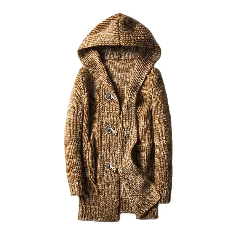 Кардиган с капюшоном вязаный мужской свитер средней длины теплое осенне-зимнее