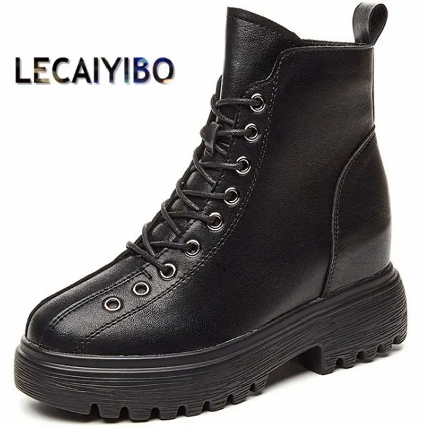 

Punk Goth Military Women Lace Up Cow Leather Round Toe Ankle Boots Platform Wedge High Heels Creeper Shoes 34 -39