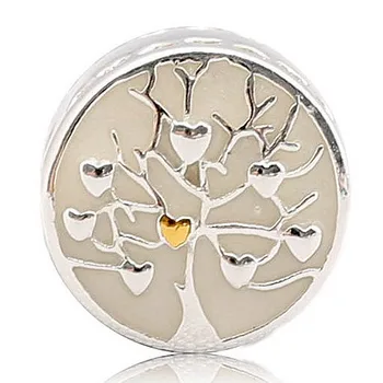 

Original White Enamel Family Tree With Gold Color Heart Bead Fit 925 Sterling Silver Charm Bracelet Bangle DIY Jewelry