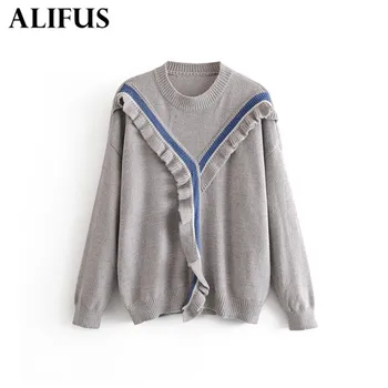 

Fashion Za 2019 Women Autumn Solid Color Long Sleeve O-Neck Knitted Ruffle Patchwork Pullover Sweater Female Ladies