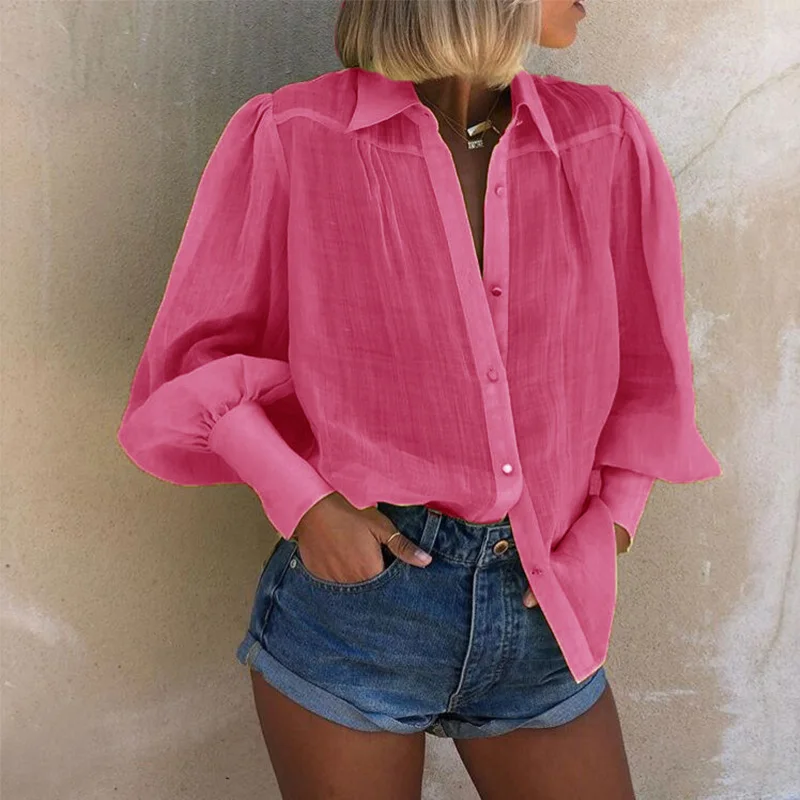 Pink Элегантная Весенняя неоновая зеленая рубашка, блузки, осенняя Женская пышная Свободная блузка с длинным рукавом, однотонная Офисная женская блуза на кнопках - Цвет: Pink