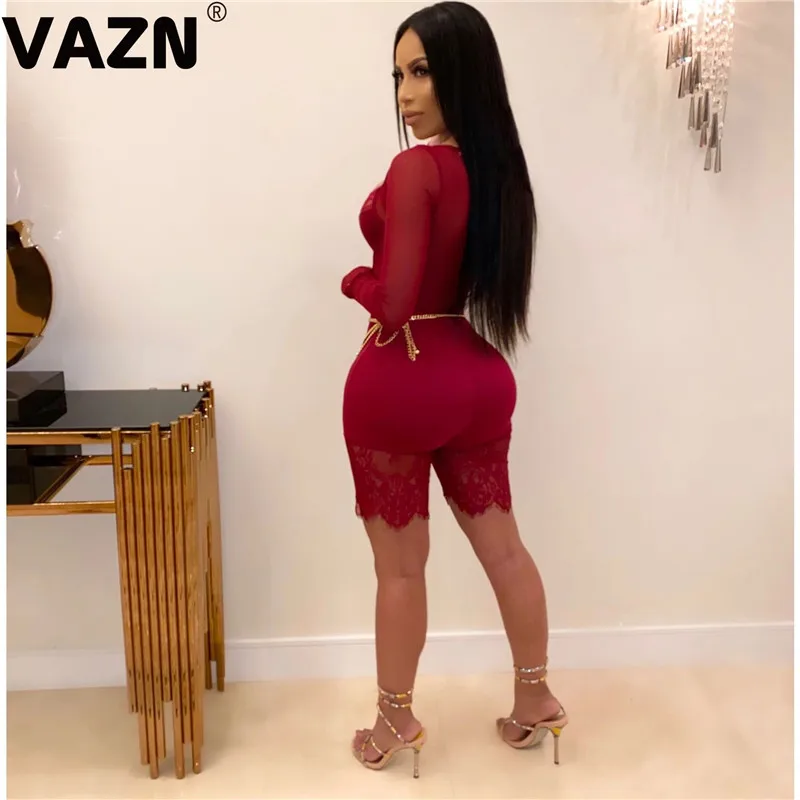 VAZN/Лидер продаж, сексуальный клубный модный однотонный комбинезон без бретелек с кружевными рукавами для женщин с высокой талией, эластичный обтягивающий комбинезон