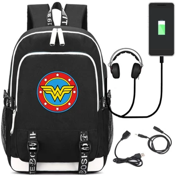 

Wonder Woman Super Hero Backpack Rucksack Bag w/ USB Fashion Port / Lock /Headphone interface Students School Book Laptop Bag