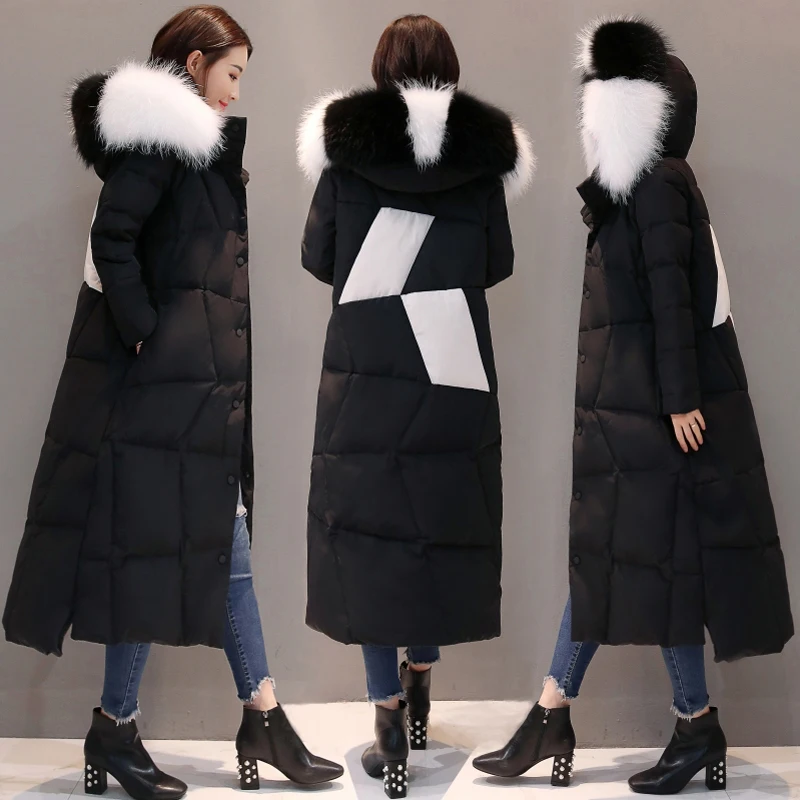 Женская зимняя куртка-пуховик на 90% утином пуху зимняя длинная толстая куртка-пуховик Женская куртка из натурального меха енота doudoune femme hiver L498 - Цвет: black