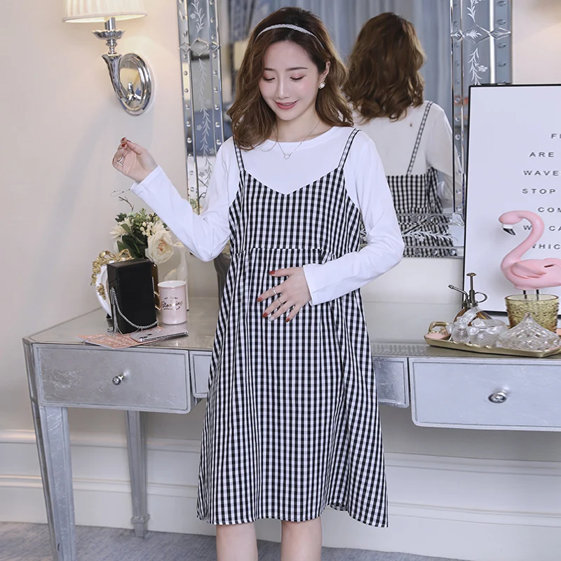 

2019 Spring Maternity Clothes Autumn Pregnant Women Cotton Striped Dress Long Sleeve Loose Pregnancy Empire Plaid Dress Sweet