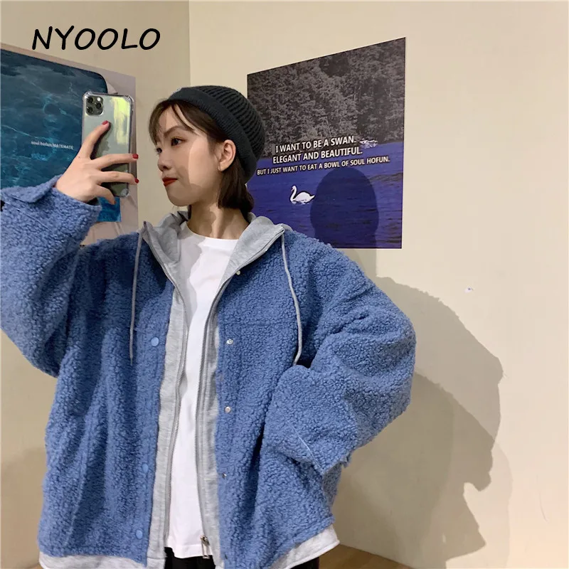 NYOOLO Осенняя зимняя уличная овечья шерсть теплые пальто поддельные две части лоскутное Свободный кардиган на молнии с капюшоном Куртка женская верхняя одежда