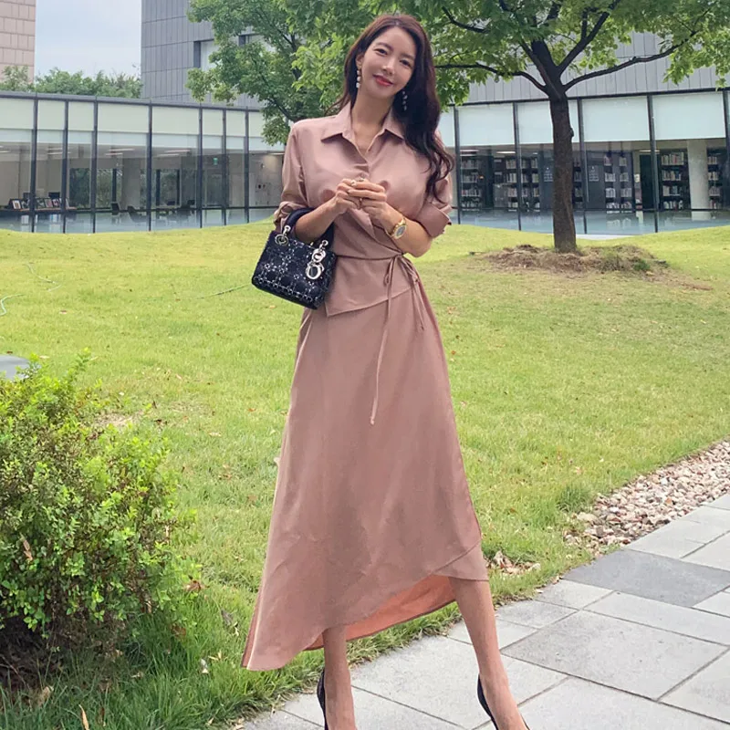 JSXDHK High Quality New Arrival Shirt Long Dress Elegant Fall Women Pink Turn Down Collar Lace Up Fashion Split Office OL Dress