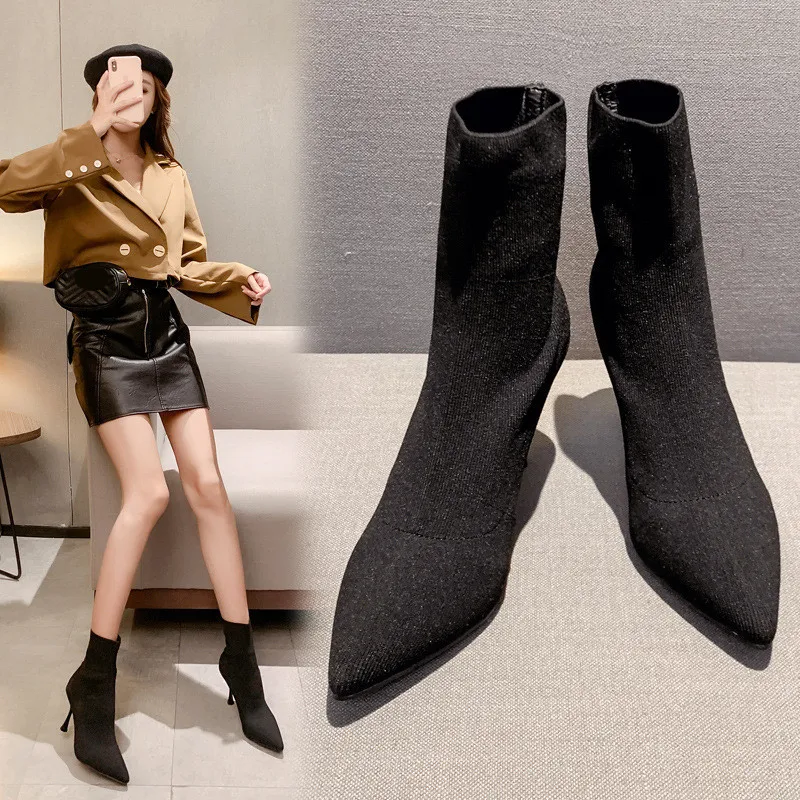 

Lady Boots Shoes Winter Women Lace Up Round Toe Low Heels booties Ladies Stockings High Heel Pointy 2019 Autumn Ankle Rubber