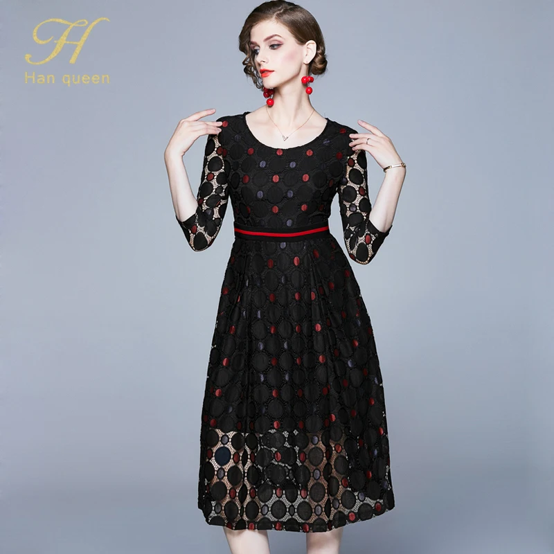 Black H han queen 2109 осеннее кружевное платье для работы повседневное тонкое модное с круглым вырезом сексуальное открытое черное платье женское ТРАПЕЦИЕВИДНОЕ винтажное платье - Цвет: Black