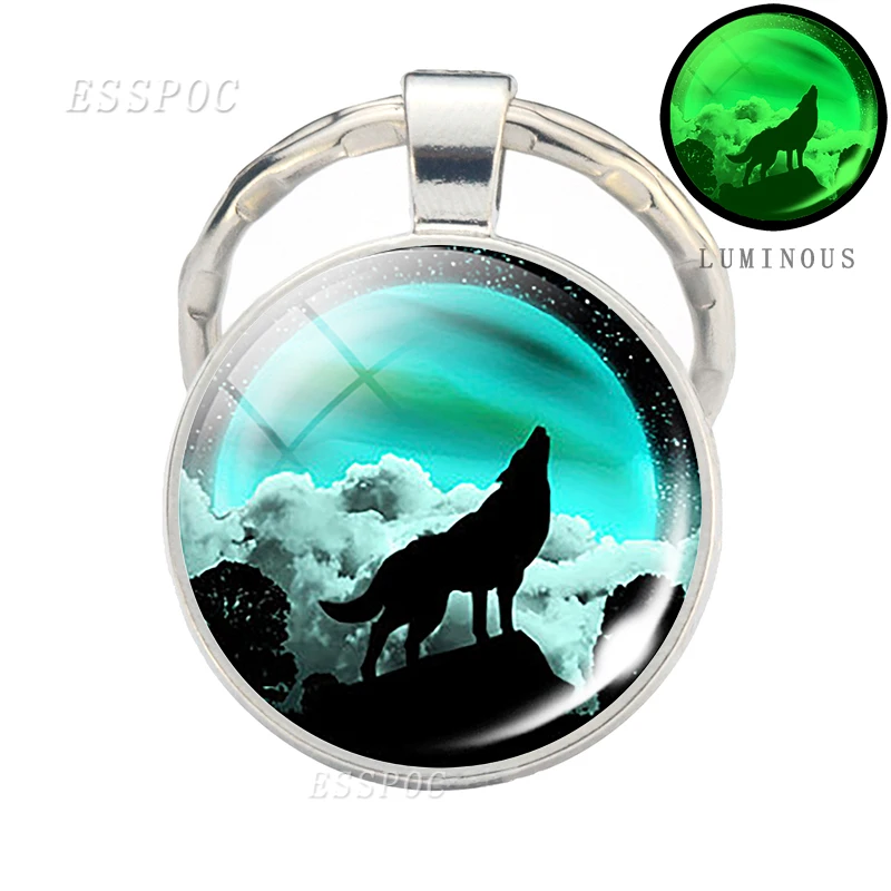 Glow in Dark Jewelry Howling Wolf Keychain Wolf Luminous Glass Cabochon Pendant Keyring Double Side Glass Ball Keychain