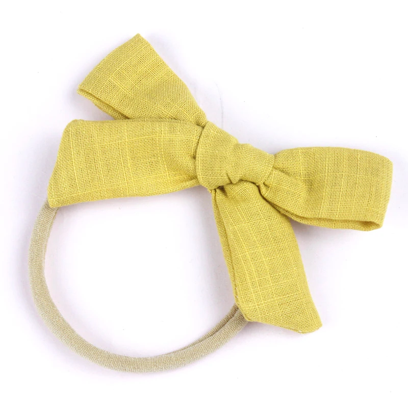 New Baby Toddler Cotton Linen Nylon Bow Headband Solid Color Seamless Kids Top Bows Elastic Hair Bands Headwrap Hair Accessories - Цвет: Цвет: желтый