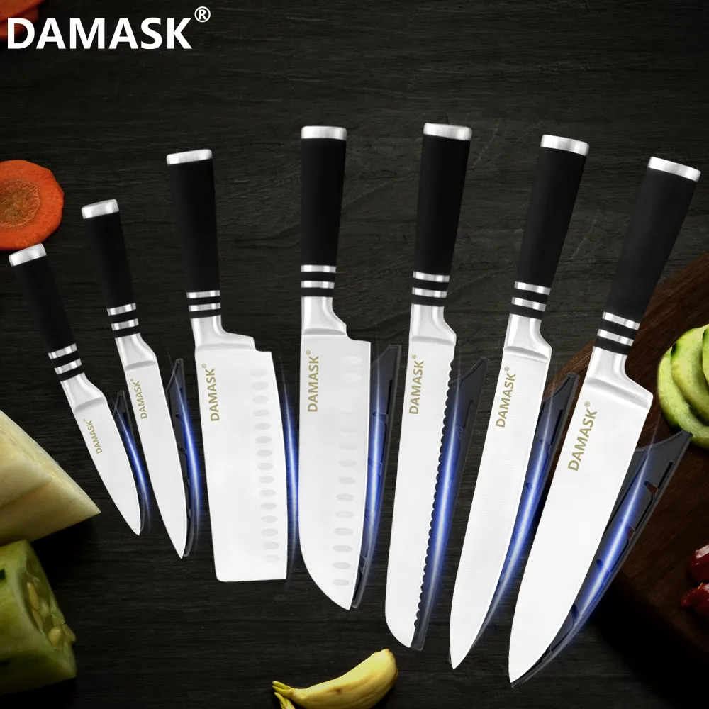 

Damask Brand 3Cr14 Stainless Steel Kitchen Knives Set Hot Selling Top Quality 430 Handle Knives with Free Gift Knives Covers