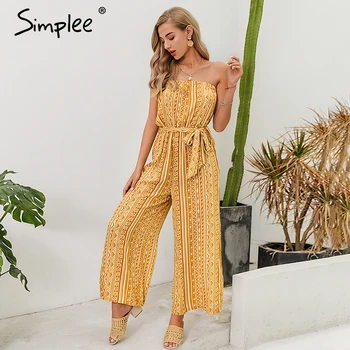 

Simplee Strapless women print jumpsuit romper Sashes lace up female wide leg jumpsuits Summer holiday beach ladies overalls 2020