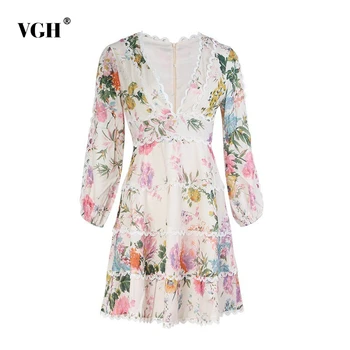 

VGH Print Floral Hit Color Women's Dress V Neck Puff Sleeve High Waist Vintage Elegant Dresses Female 2020 Spring Fashion New