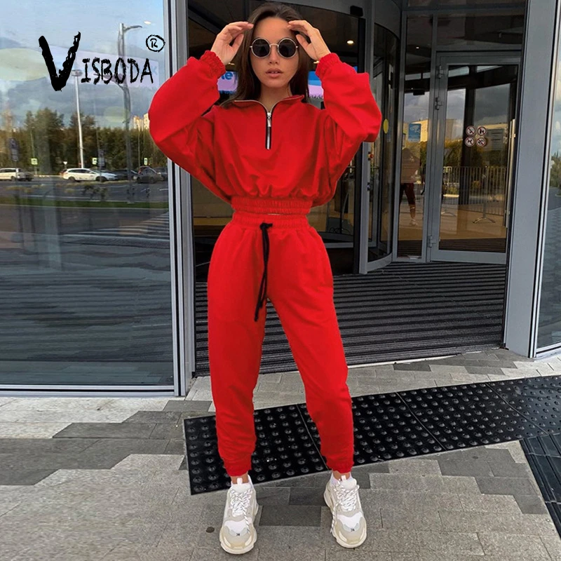 Women's Tracksuits 2 Piece Set Red Loose Cropped Sweatshirt Pants Fashion Casual Female Long Sleeve Hoodies Trouser Suit Femme |