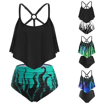 

Wipalo Bikini Plus Size Overlay Flounces Floral Leaves Print Tankini Swimsuit Women Summer Ruffled Padded Swimwear Bathing Suit
