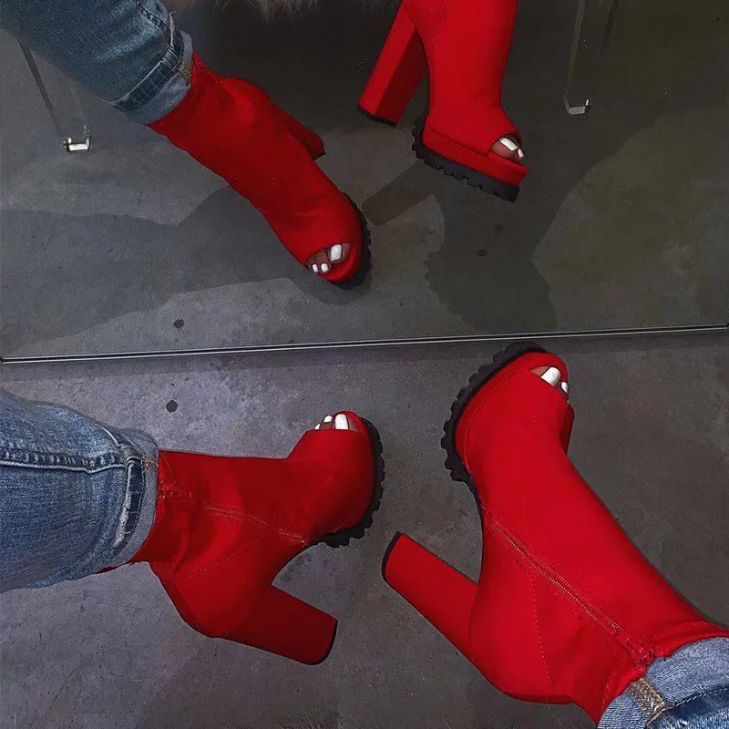 

Red Fashion New Boots Women Snake Pattern Zip Ankle Boots Autumn Woman Peep Toe Thick High Heels Ladies Platform Shoes Dropship