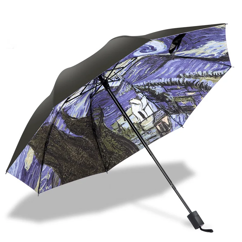 

Van Gogh Starry Sky Umbrella Parasol Sun Blocking Vinyl Dual Purpose Folding Tri-fold Umbrella Customizable yi so hot u san