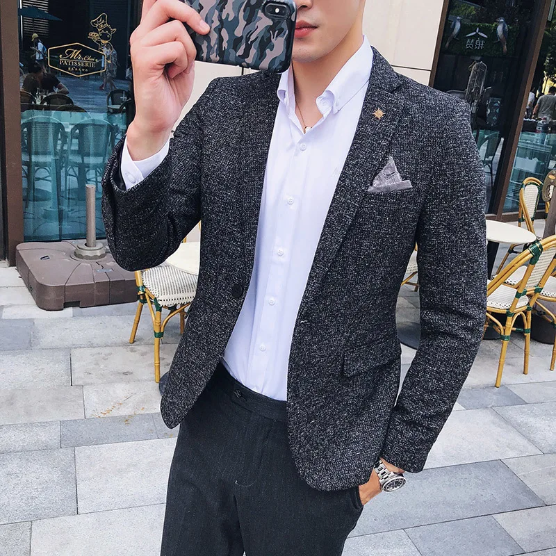 Мужской твидовый Блейзер Осень зима блейзер masculino slim fit повседневные мужские спортивные пиджаки hombre invierno ho Мужской Блейзер черный синий коричневый