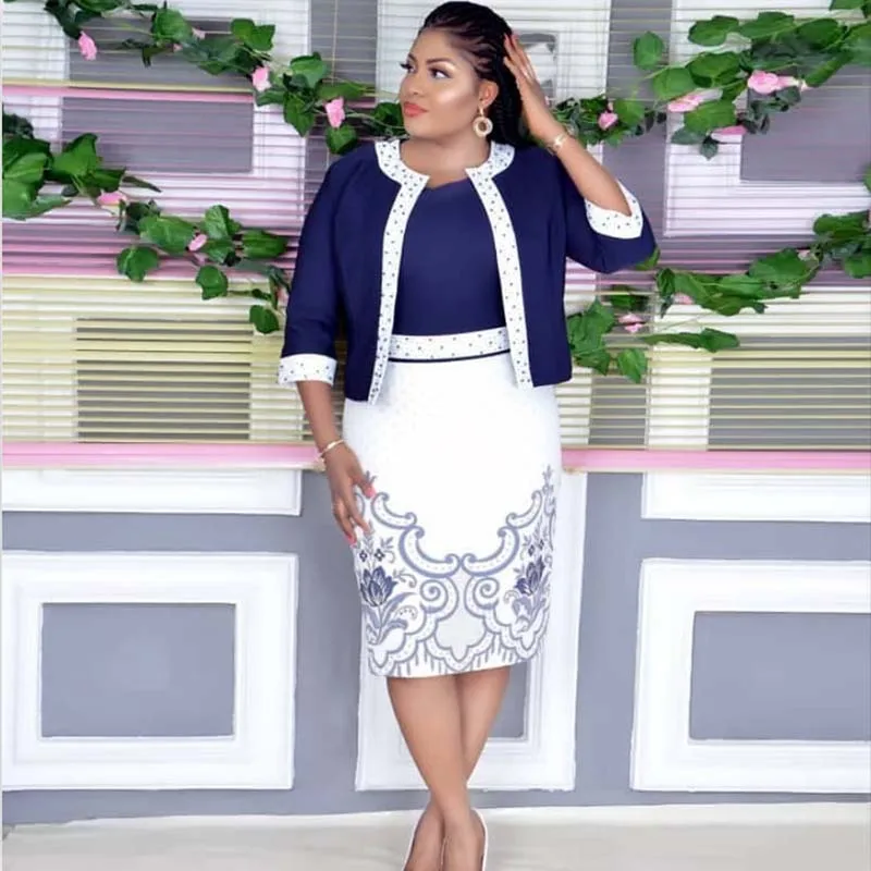 

African Clothes High Quality Two Pieces Set Women 2019 Spring Short Sleeve Bodycon Dress&Pearl Coat Suit Set Office Lady