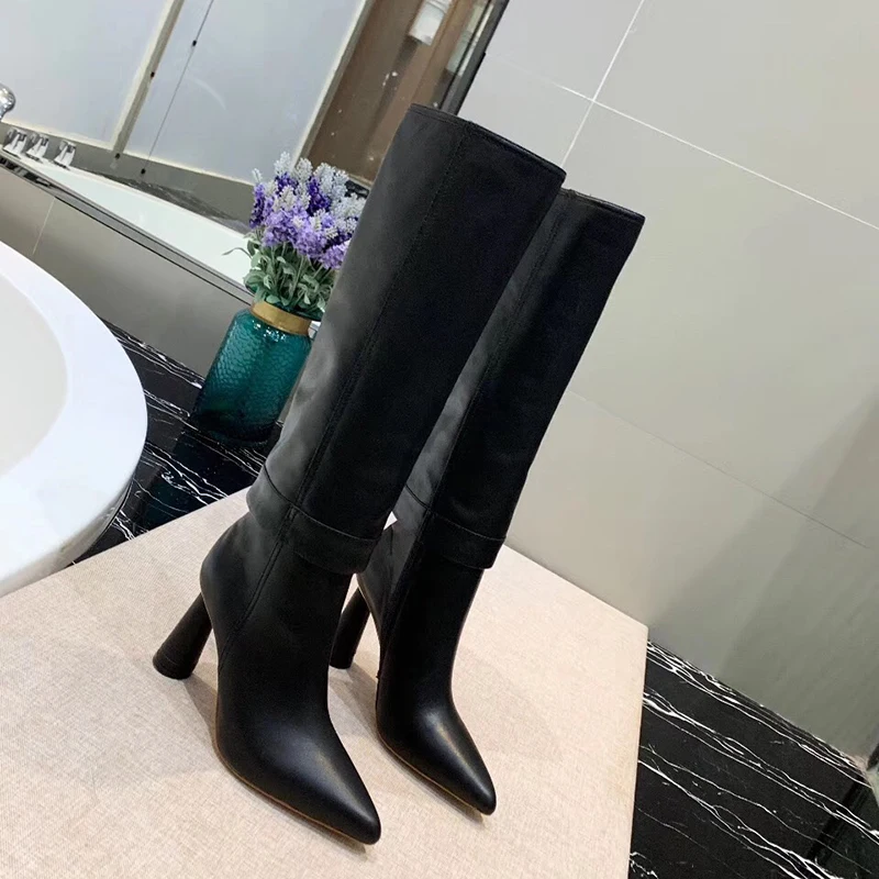 black style1 Высокие сапоги до колена из натуральной кожи; женские кожаные брюки с острым носком; Стильная дизайнерская зимняя обувь для женщин - Цвет: black style1