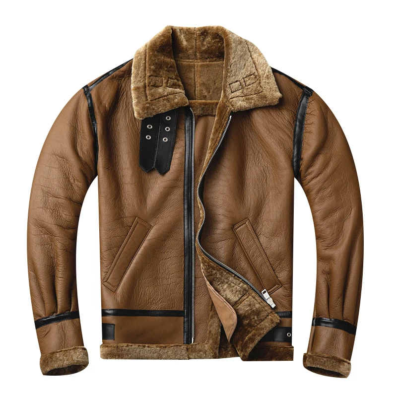 

Seveyfan Men Genuine Leather Jacket Real Sheep Fur Shearling Jacket B3 Flight-pilot Winter Warm Parkas Motorcycle Biker R3392
