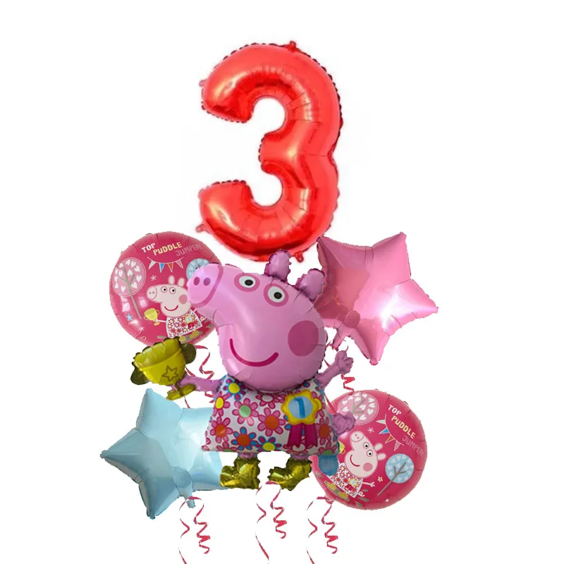 6pcs Cartoon Peppa Pig Foil Balloons 32inch red 0-9 Baby Boy Girl Helium Globos Happy Birthday Party Room Decorations Kids Toys