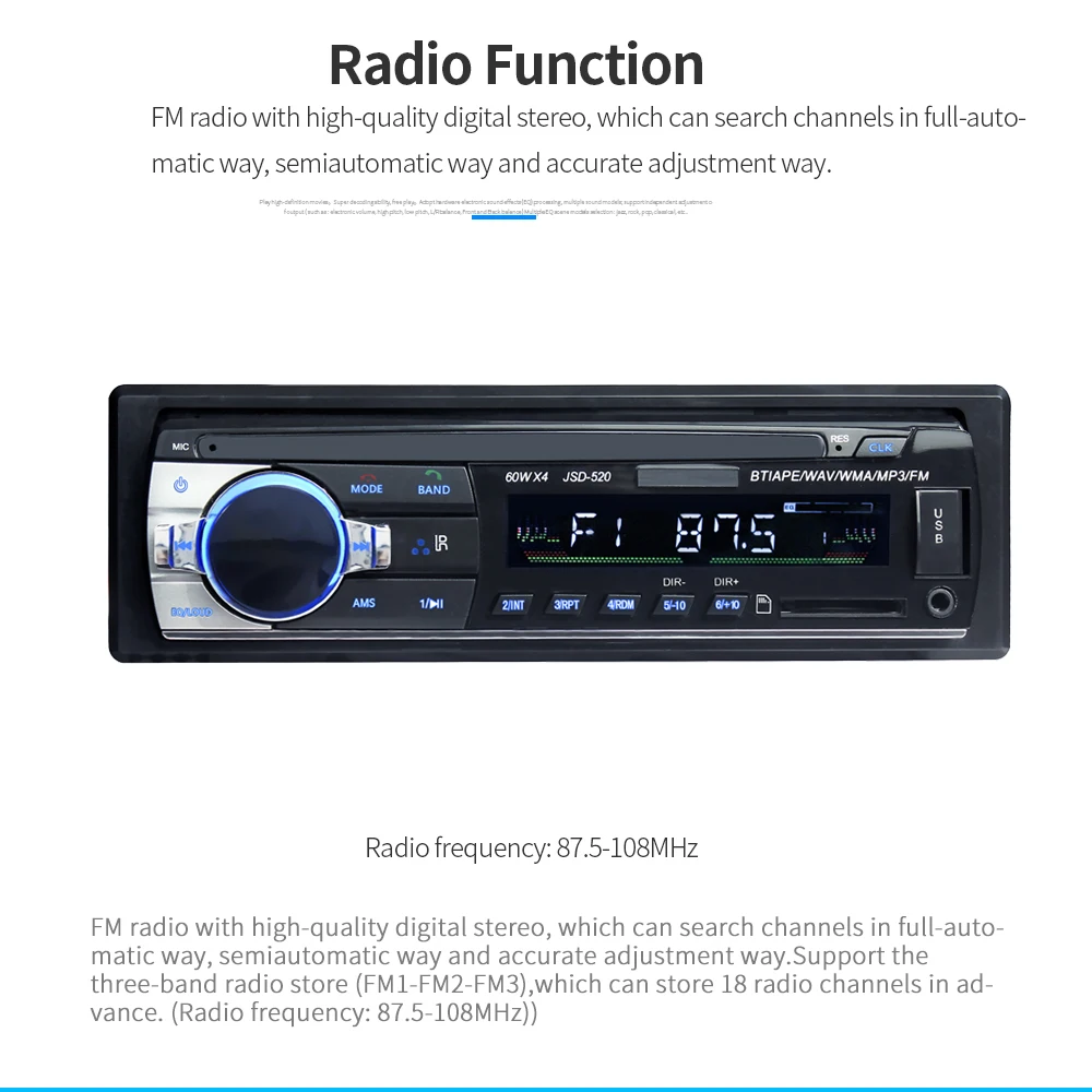 12V Одношпиндельные универсальные автомобильные Bluetooth mp3 радио плеер автомобиля FM радиокарта машина Короткие аппаратные средства JSD-520