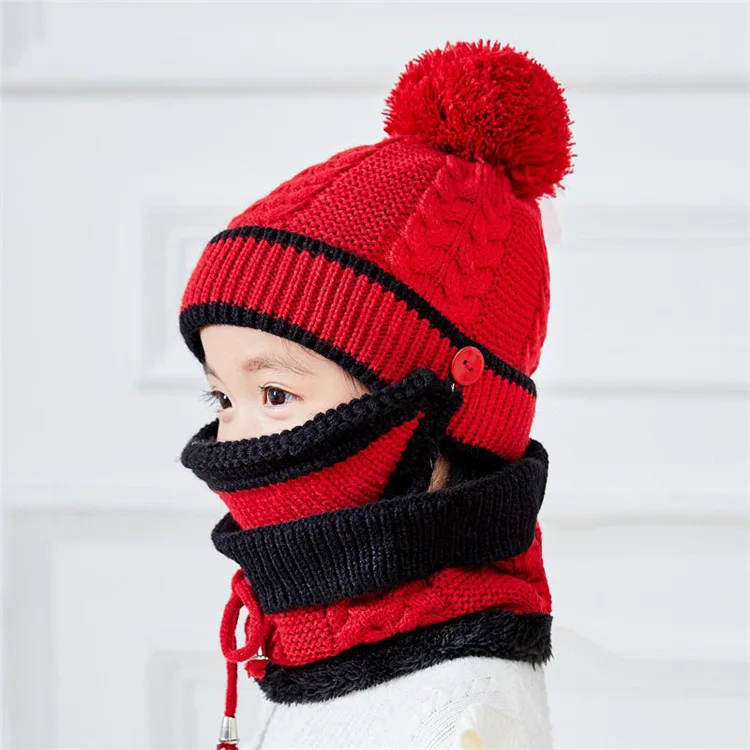 Детские зимние шапочки, утолщенные бархатом, одноцветные, сохраняющие тепло, костюм Детская шляпа, шарф, маска, три комплекта для родителей и ребенка