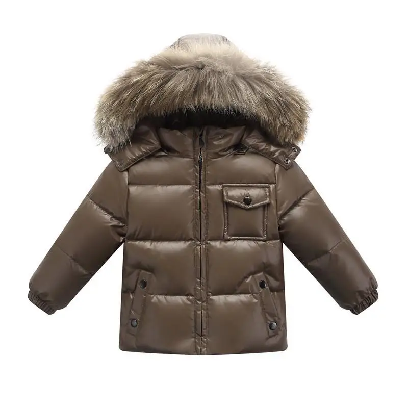 Детская зимняя куртка с капюшоном, детская теплая верхняя одежда на 90% белом утином пуху, пальто для мальчиков и девочек, детская парка с натуральным мехом - Цвет: brown