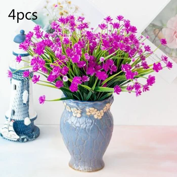 

4 Bundles Artificial Flowers Fake Outdoor Plants Faux Plastic Home Garden Decor No Vase 7 Flexible Stems Bushy Green Leaves/each